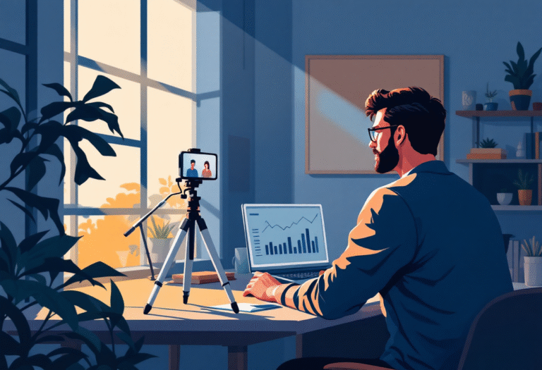 Owner recording short tutorial video beside laptop analytics in a clean workspace
