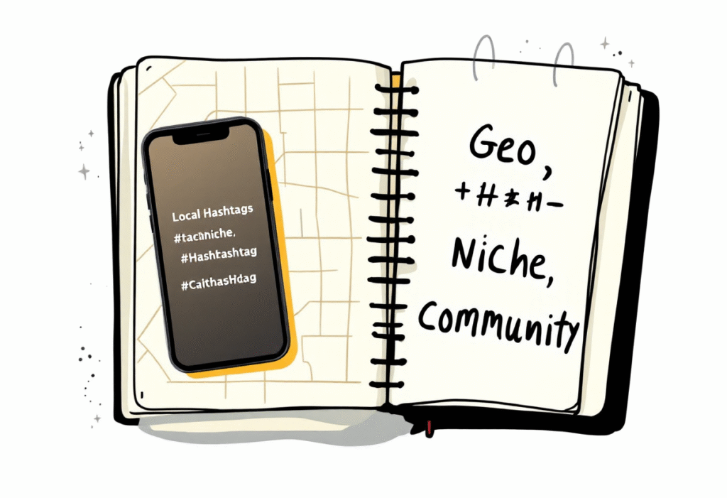 Phone with a caption using local hashtags next to a city map and a Geo Niche Community checklist