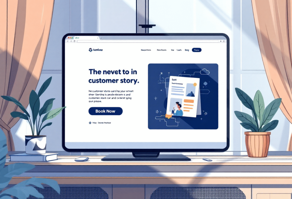 Website hero with a customer story card and bold Book Now button