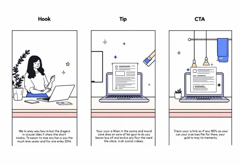 Short video storyboard Hook Tip CTA next to an open blog on a laptop