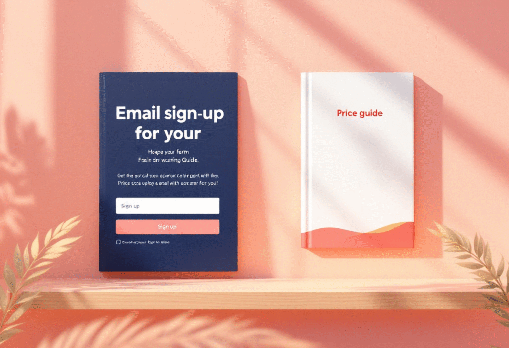 Website hero showing email sign up and price guide on a bright, minimal small business site