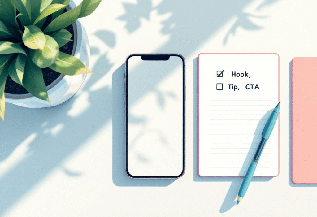 Phone with carousel draft and a caption checklist that says Hook Tip CTA