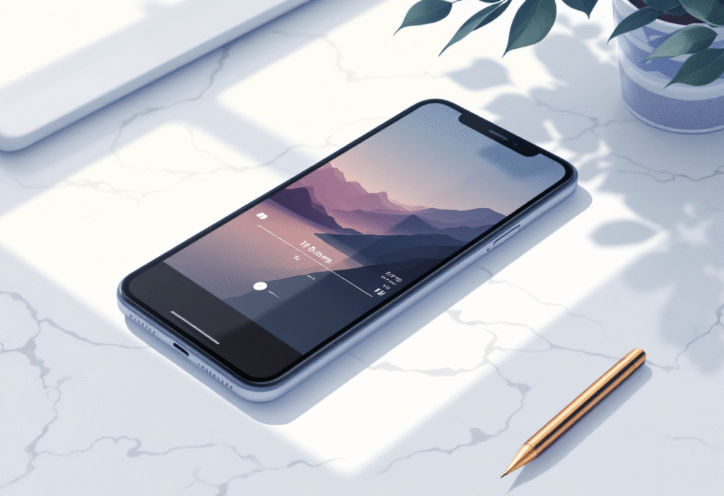 Phone on marble desk with short video timeline open for small business content