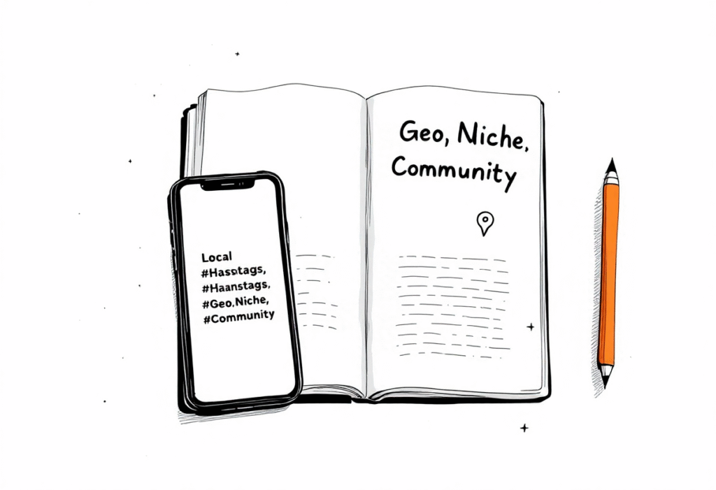 Minimal flat-lay of a phone showing a caption with local hashtags beside a city map and a notebook that reads Geo, Niche, Community.