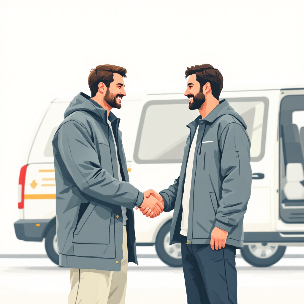 Service business owner building trust with a customer beside a branded van