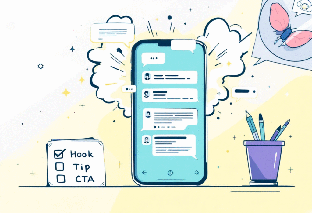 Phone with active comment thread beside a simple Hook Tip CTA checklist