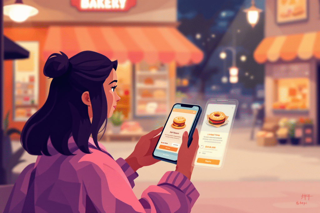 Shopper browsing a local bakery website on a phone, sees a limited-time retargeting discount pop-up, warm evening lighting