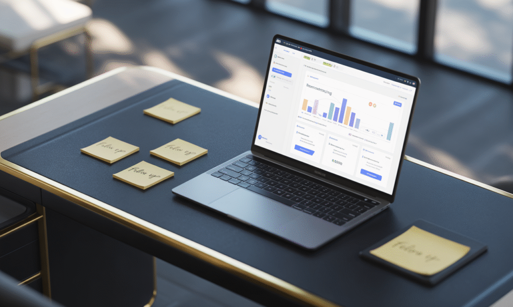 Minimal, modern workspace with a laptop showing a remarketing dashboard, sticky notes with “follow up,” soft daylight, luxury navy and gold accents