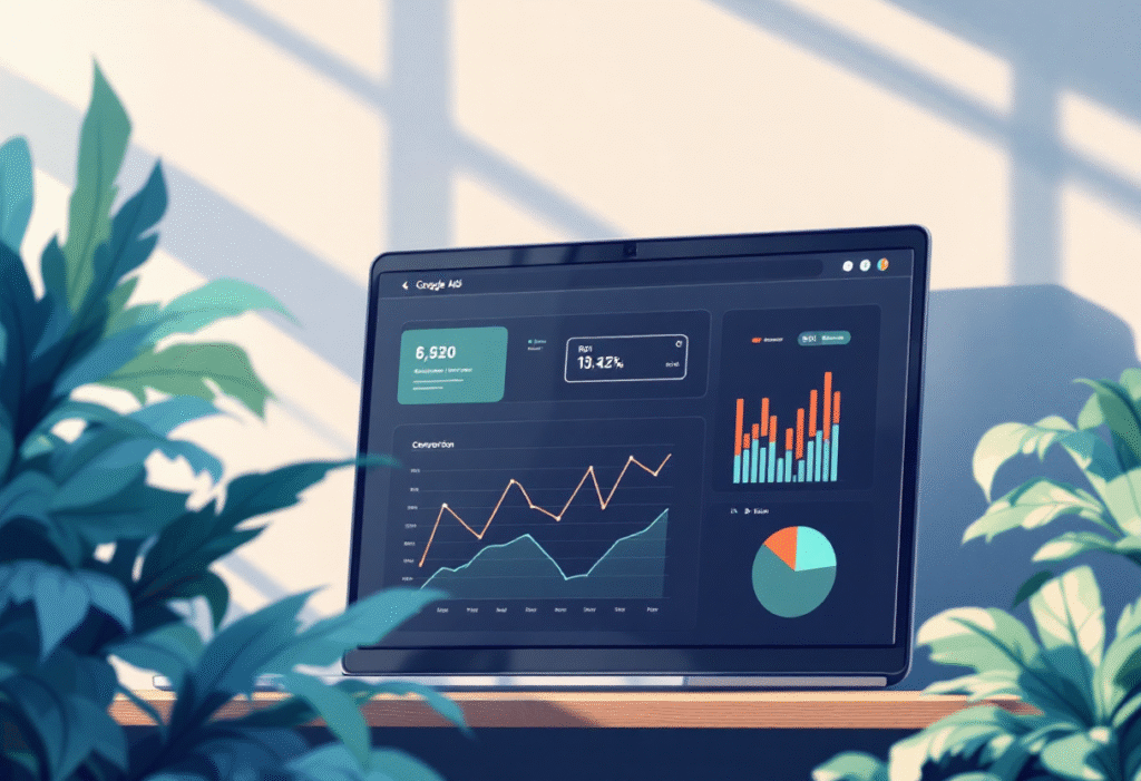 A close-up of a Google Ads dashboard showing conversions and ROI graphs with soft studio lighting.