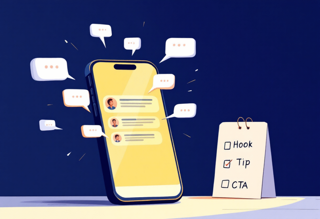 Bright flat-lay of a phone showing a comment thread exploding with replies, next to a checklist card labeled Hook, Tip, CTA, clean desk, soft light
