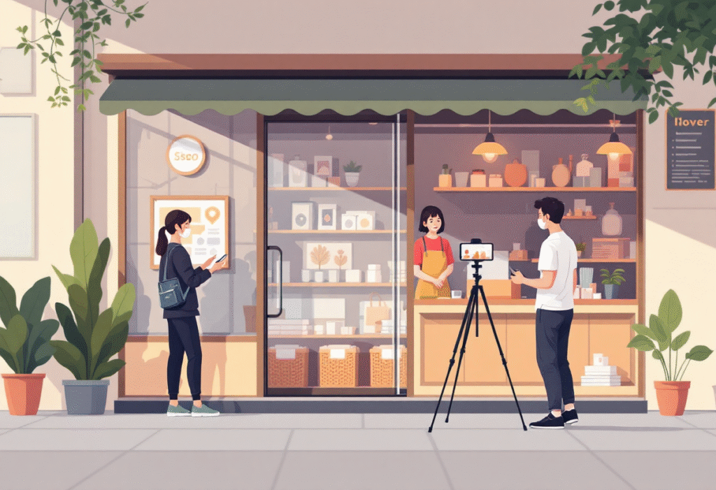 Local shop owner filming a short product demo on a phone tripod inside a cozy storefront, natural light, friendly customer browsing in background