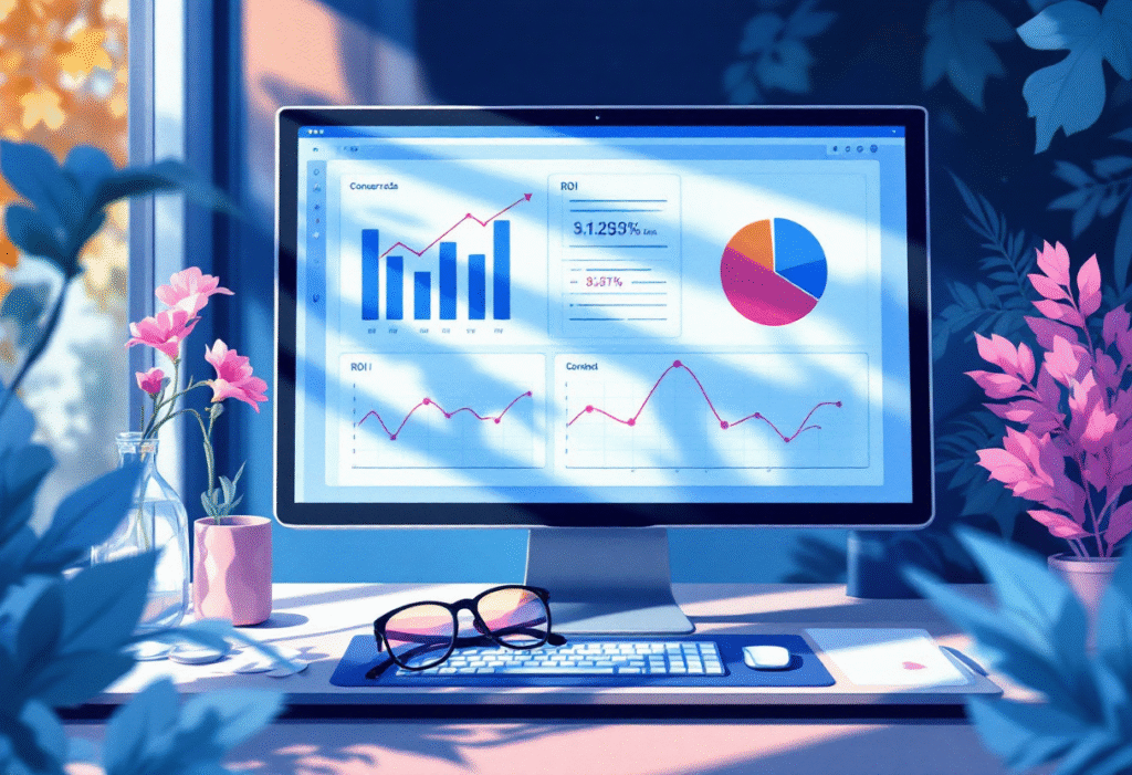 Google Ads dashboard displaying ROI graph and conversions for small business campaign.