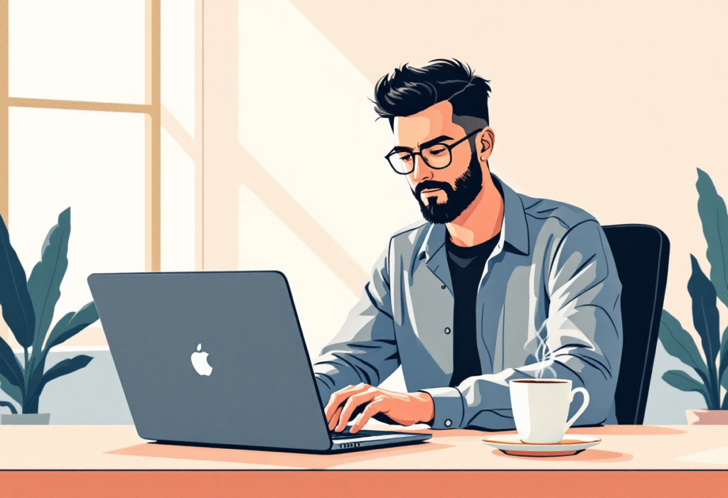 A small business owner reviewing Google Ads data on a sleek laptop beside a cup of coffee in a bright modern office.