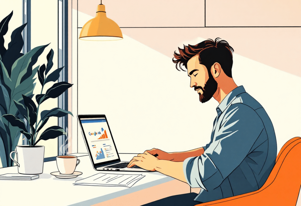 Small business owner checking Google Ads ROI data on laptop in bright office.