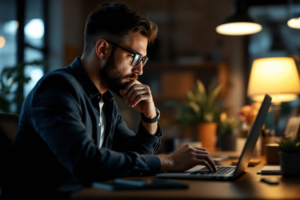 A small business owner looking at a laptop screen with mixed star ratings and review comments, thoughtful expression, warm office lighting, modern workspace.