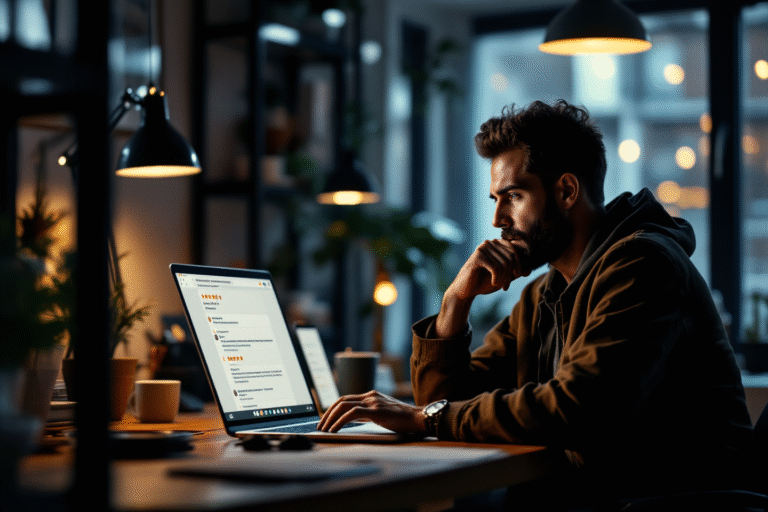 Small business owner reading online reviews on a laptop.