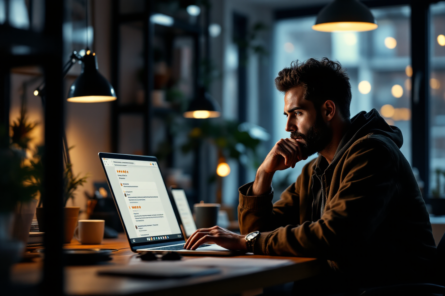 Small business owner reading online reviews on a laptop.