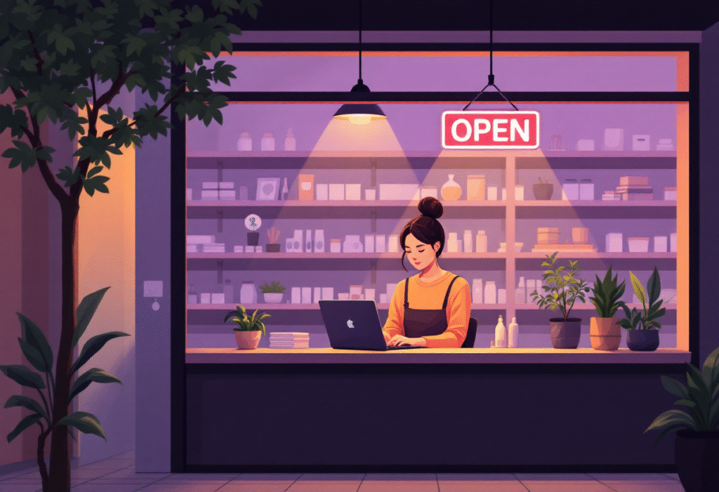 Shop owner at a counter replying to DMs on a laptop, open sign glowing, tidy shelves behind, warm evening lighting.