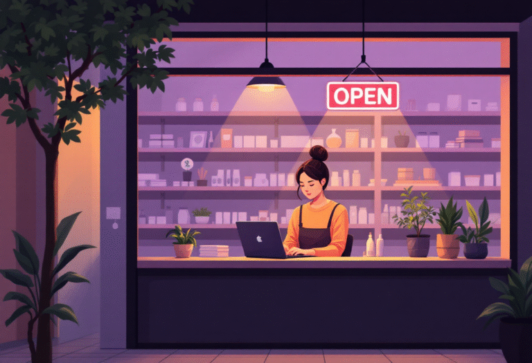 Shop owner at a counter replying to DMs on a laptop, open sign glowing, tidy shelves behind, warm evening lighting.