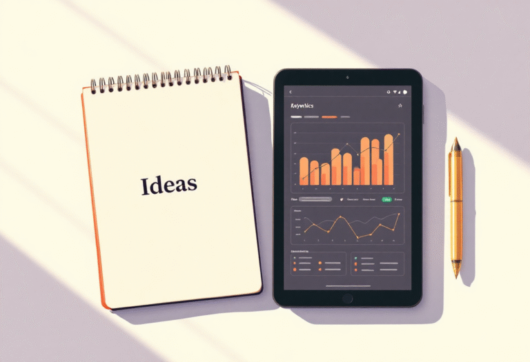 Notebook of blog ideas next to a tablet showing keyword data