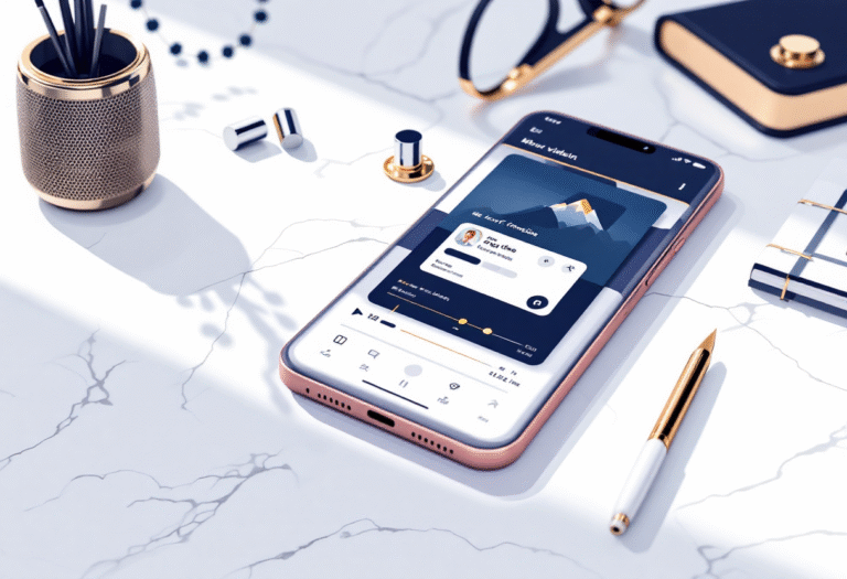 Clean phone on a white marble desk showing a short video edit timeline, soft daylight, navy accents, subtle gold pen, premium minimal style