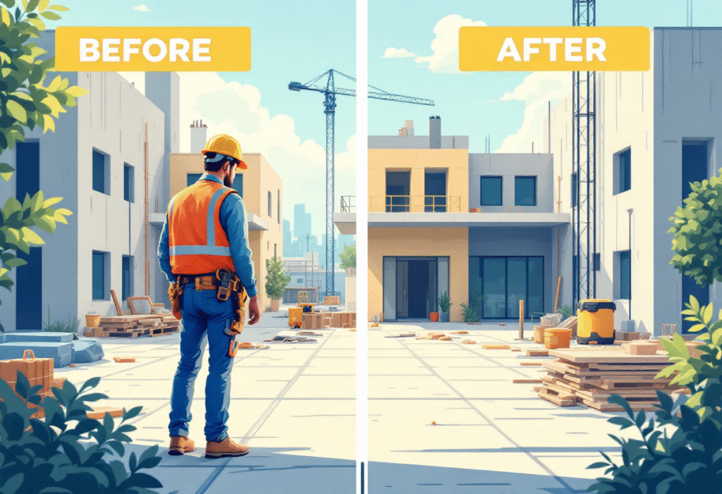 Contractor filming a TikTok before and after project reveal on location