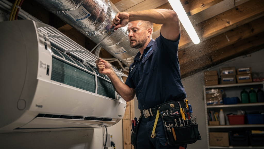 HVAC technician installing an air conditioning system neatly and professionally