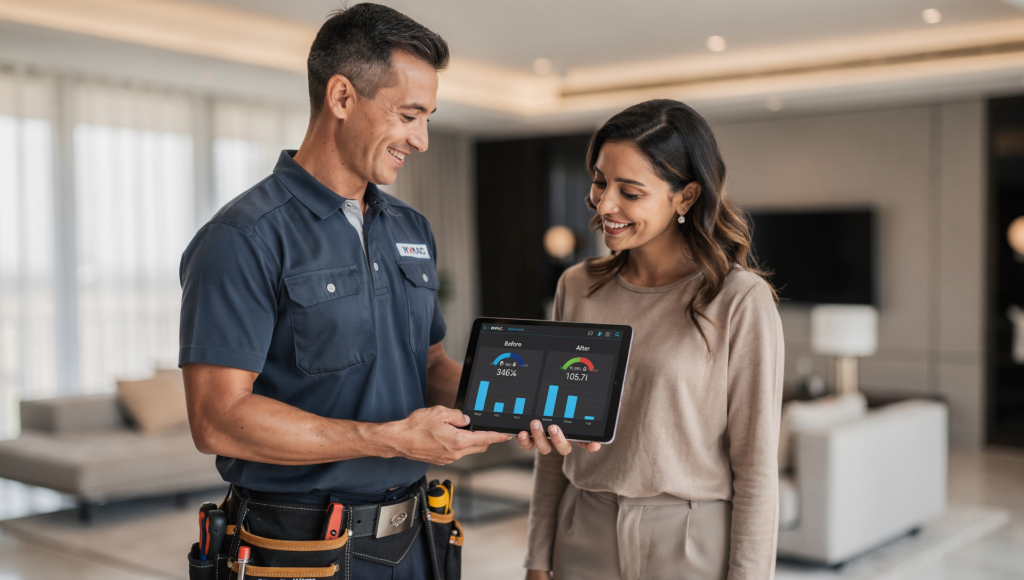 HVAC technician explaining results to a homeowner