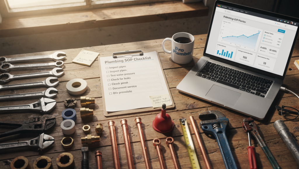 Plumbing SOP checklist and website analytics displayed with tools on desk