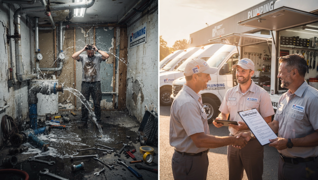 Before and after concept showing chaotic plumbing jobs versus organized SOP driven team