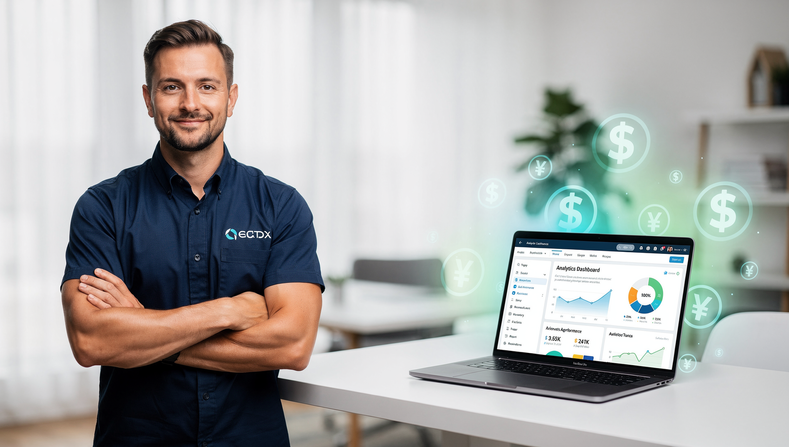 Confident plumber reviewing successful retargeting ad results on laptop