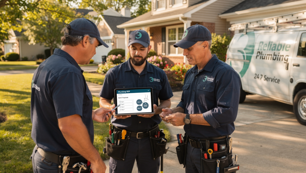 Plumbing technicians using a tablet SOP checklist at a customer’s home