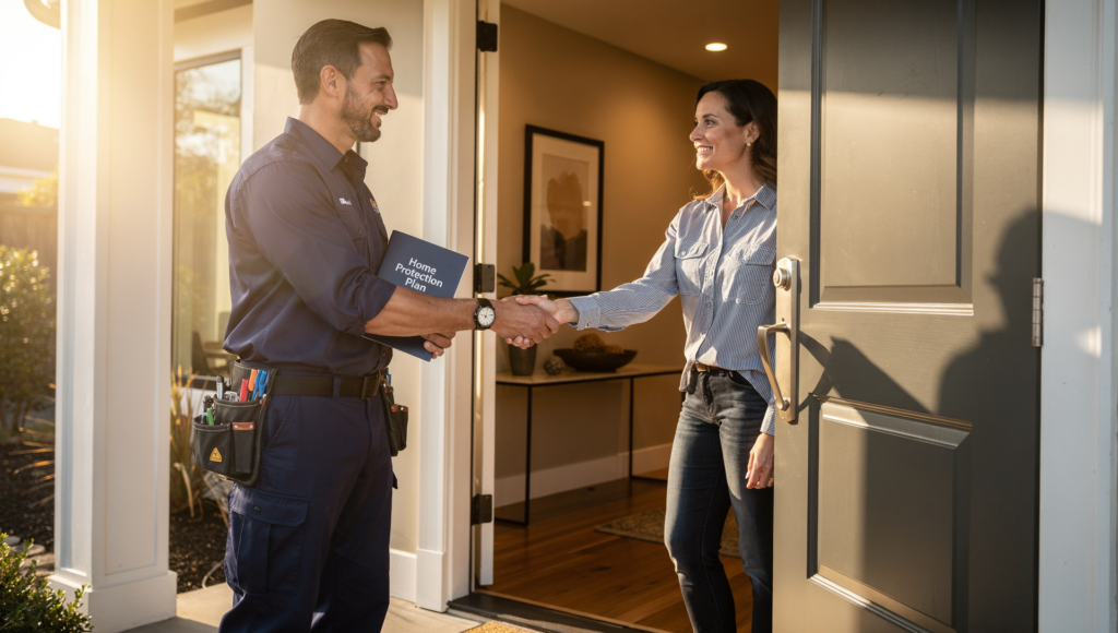 Plumber welcoming a homeowner into a home protection maintenance agreement plan