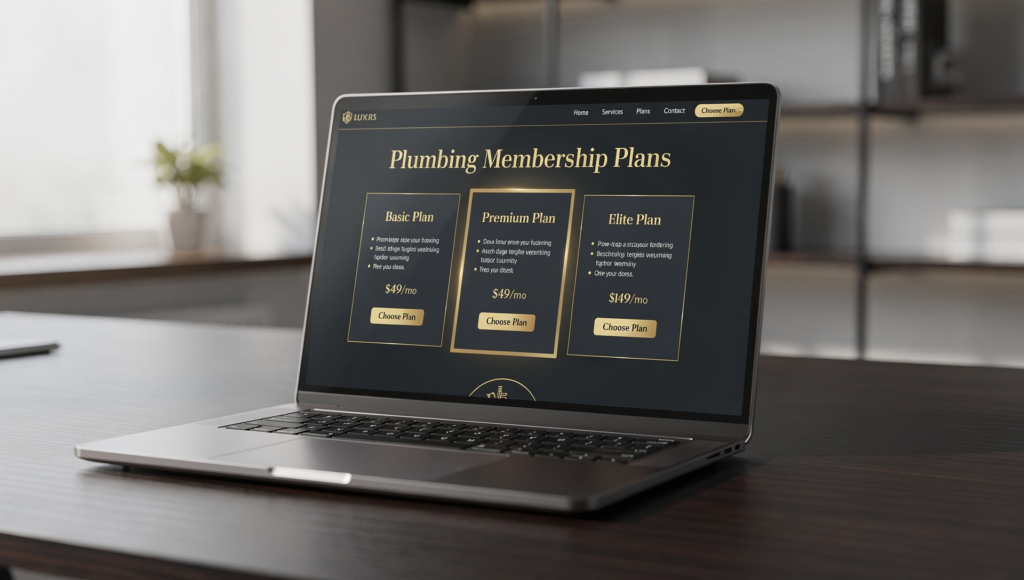 Plumbing membership plans page on a laptop with three service tiers displayed