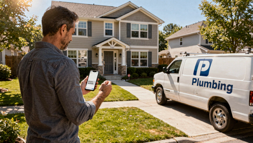 Priority scheduling benefit shown with plumber arriving for a member service call