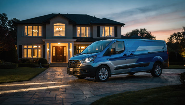 Luxury HVAC van arriving for emergency service at a home