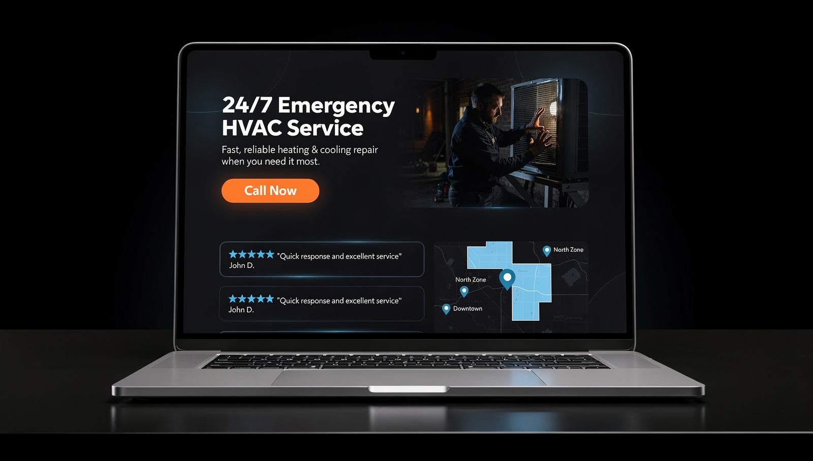 HVAC emergency landing page layout designed to increase calls