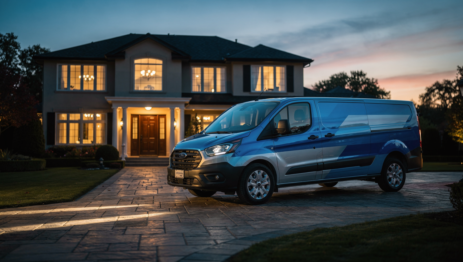 Luxury HVAC van arriving for emergency service at a home