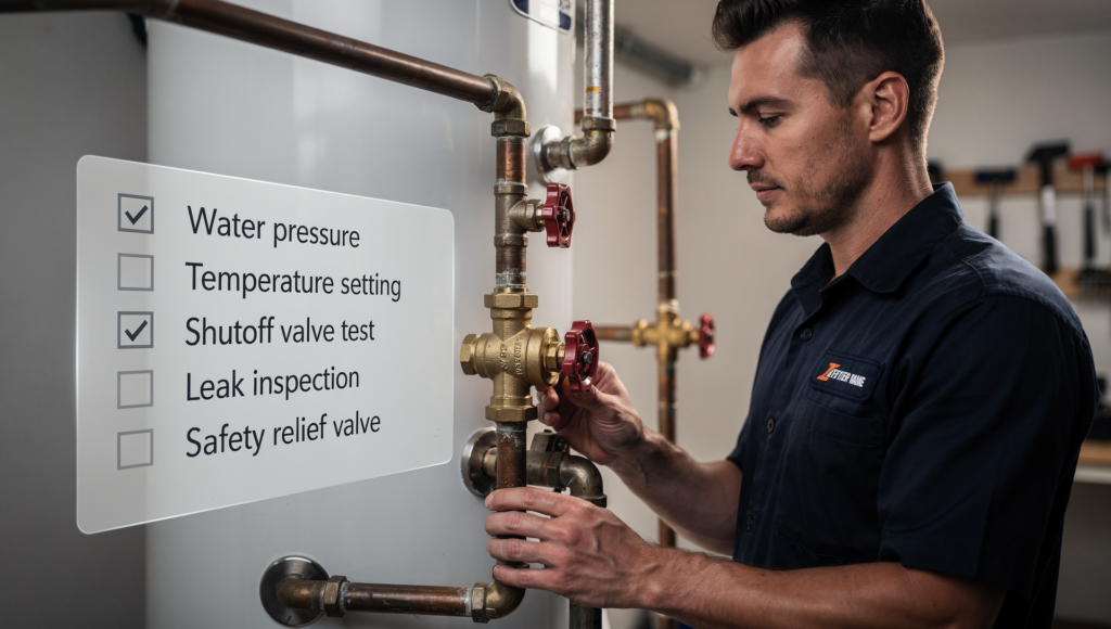 Technician performing a preventive plumbing inspection for plan members