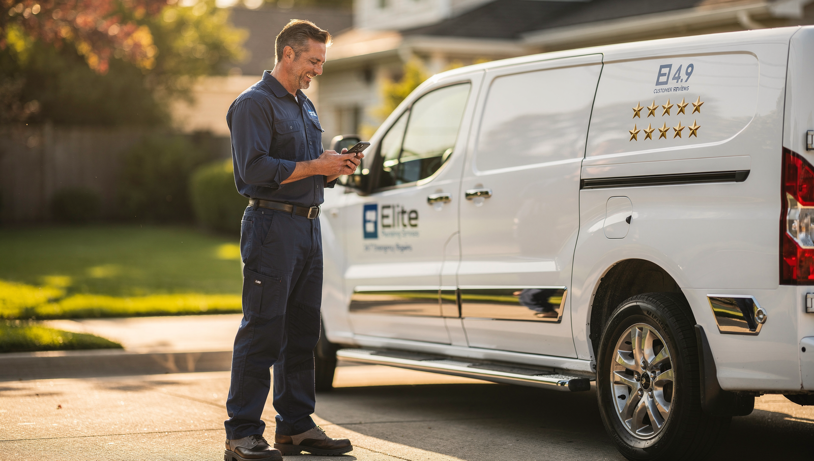 Plumber checking five star online reviews on smartphone next to service van