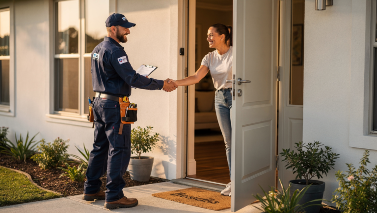 Plumber shaking hands with a satisfied homeowner after a successful repair