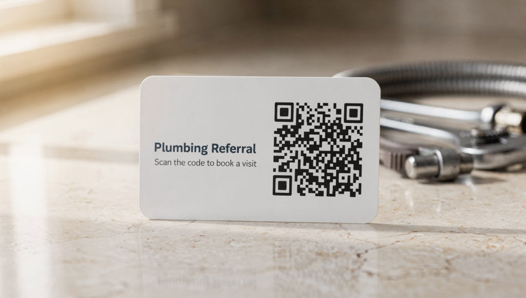 Referral card with QR code for a plumbing referral program