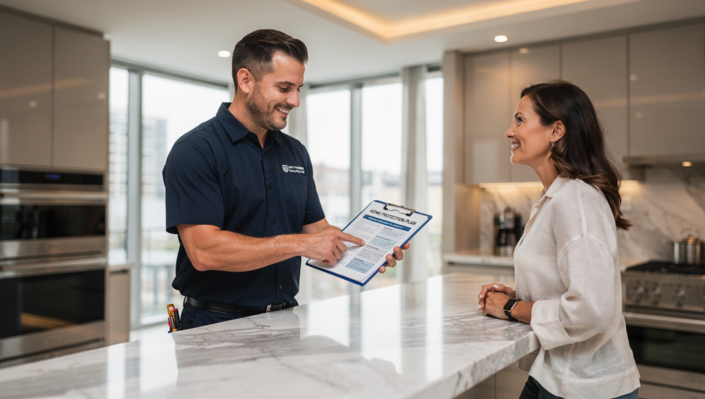 Plumber explaining a home protection membership plan to a homeowner