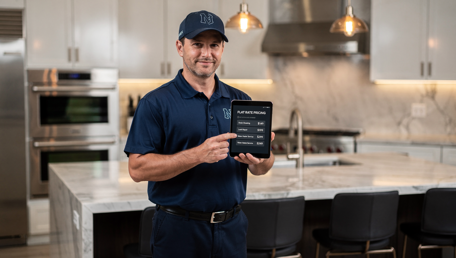 Plumber reviewing a flat-rate pricing menu on a tablet in a modern kitchen