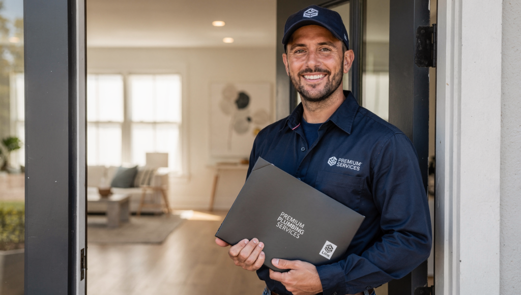 Plumber explaining service pricing clearly to a homeowner at the front door