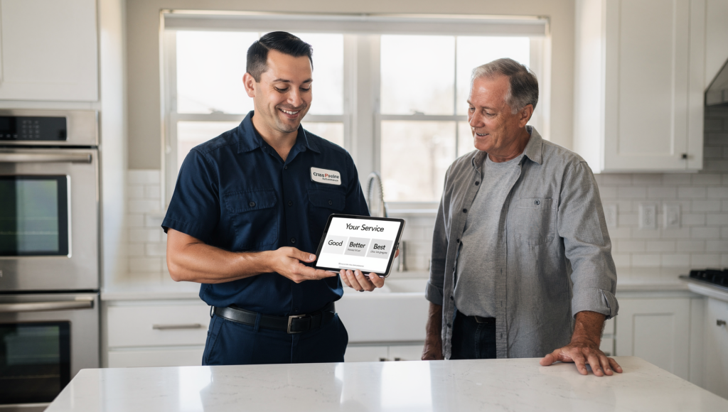 Plumber presenting tiered service packages to a homeowner on a tablet