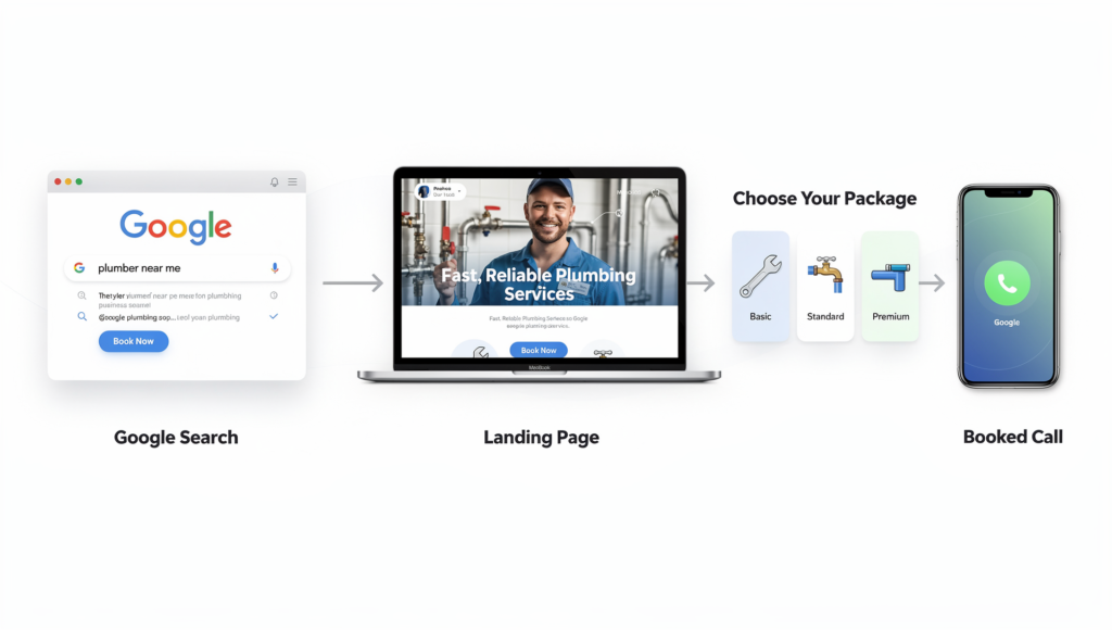 Marketing funnel graphic for plumbing service packages from search to booking