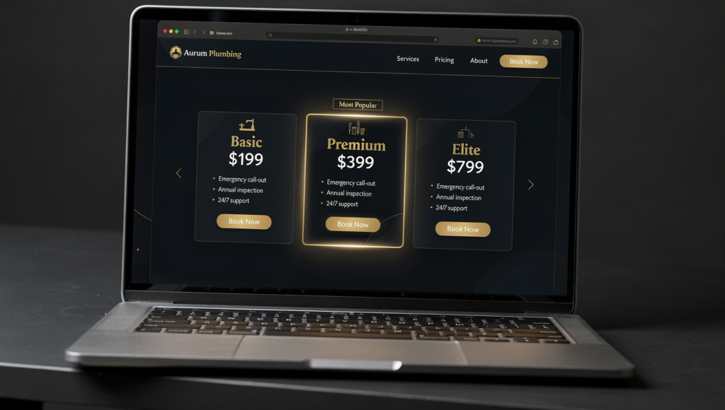 Luxury plumbing website showing three service package pricing tiers