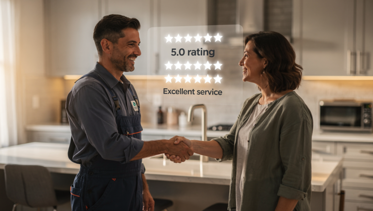 Plumber and homeowner handshake with star rating concept