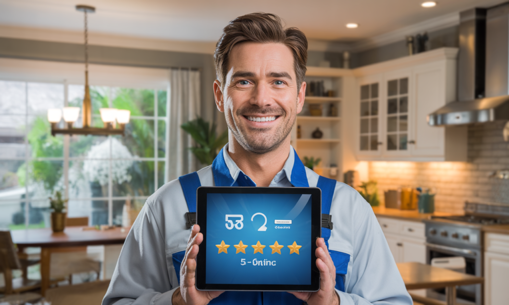 Plumber holding tablet with 5 star reviews